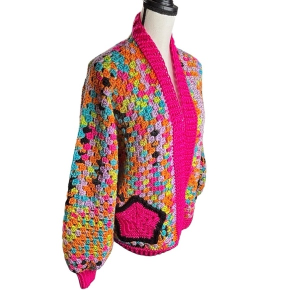Handcrafted Crochet Hexagon Cardigan Sweater Open Front Wide Sleeve 2 Pockets - Picture 13 of 16